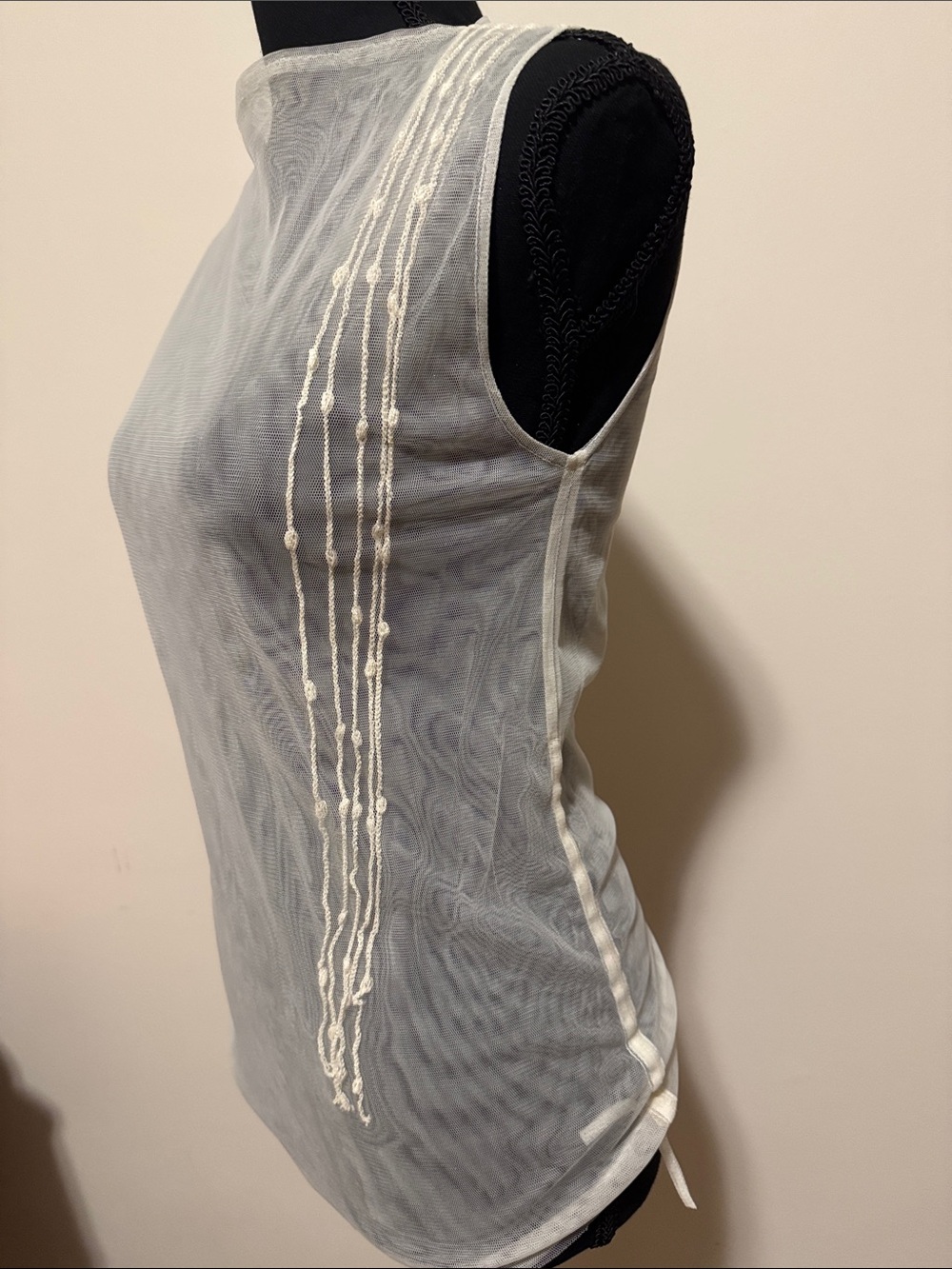 Vintage Sheer Ivory Sleeveless Women's Top with Decorative Trim